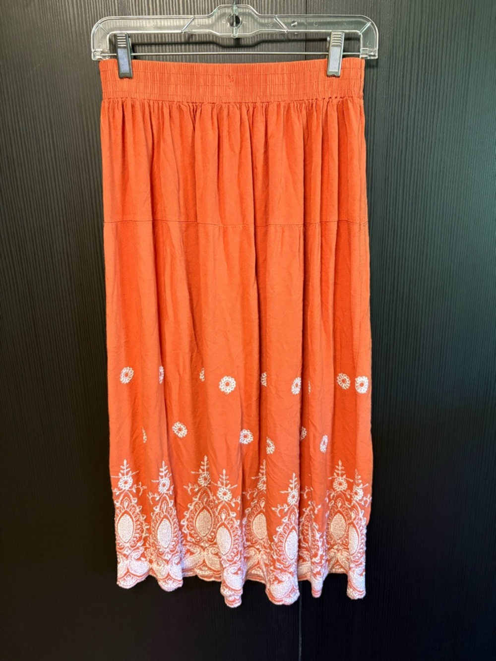 Embroidered Orange Midi Skirt with Scalloped Hem